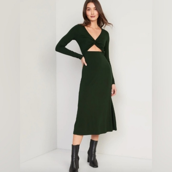 Old Navy Women's Dark Green Fit and Flare Twist Front Midi Dress (Size Medium) - Picture 1 of 7